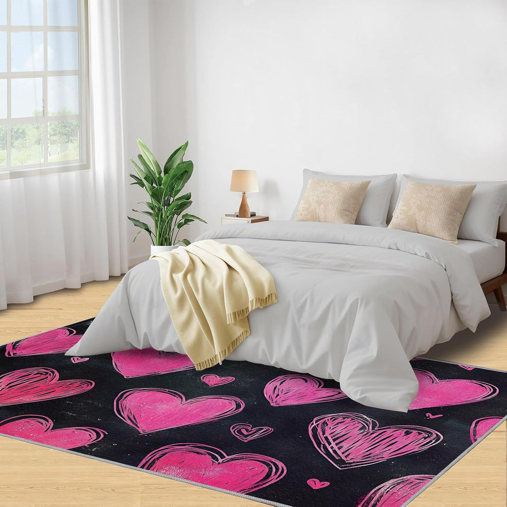 Pink Love Area Rug Large - 6x8 Rug, Black Rugs for Living Room, Romantic Area Rugs for Bedroom, Kids Washable Carpet, Love Home Decor & Gifts
