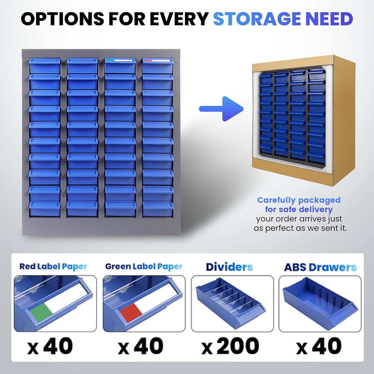 40-Drawer Small Parts Organizer, Metal Nut and Bolt Organizer, Bolt Bin with Alloy Steel Construction Outer Frame, Freestanding Storage Cabinet with Labels for Garage Workbench, Shop & Crafts