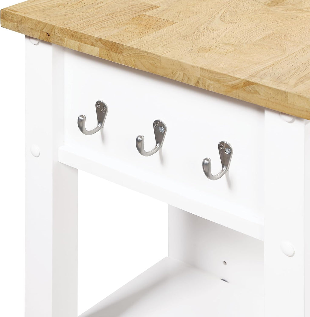 OSP Home Furnishings Derry Modern Farmhouse Kitchen Cart with Natural Butcher Block Top, Rolling Storage Cabinet with Drawer, Shelves, Hooks, White Finish