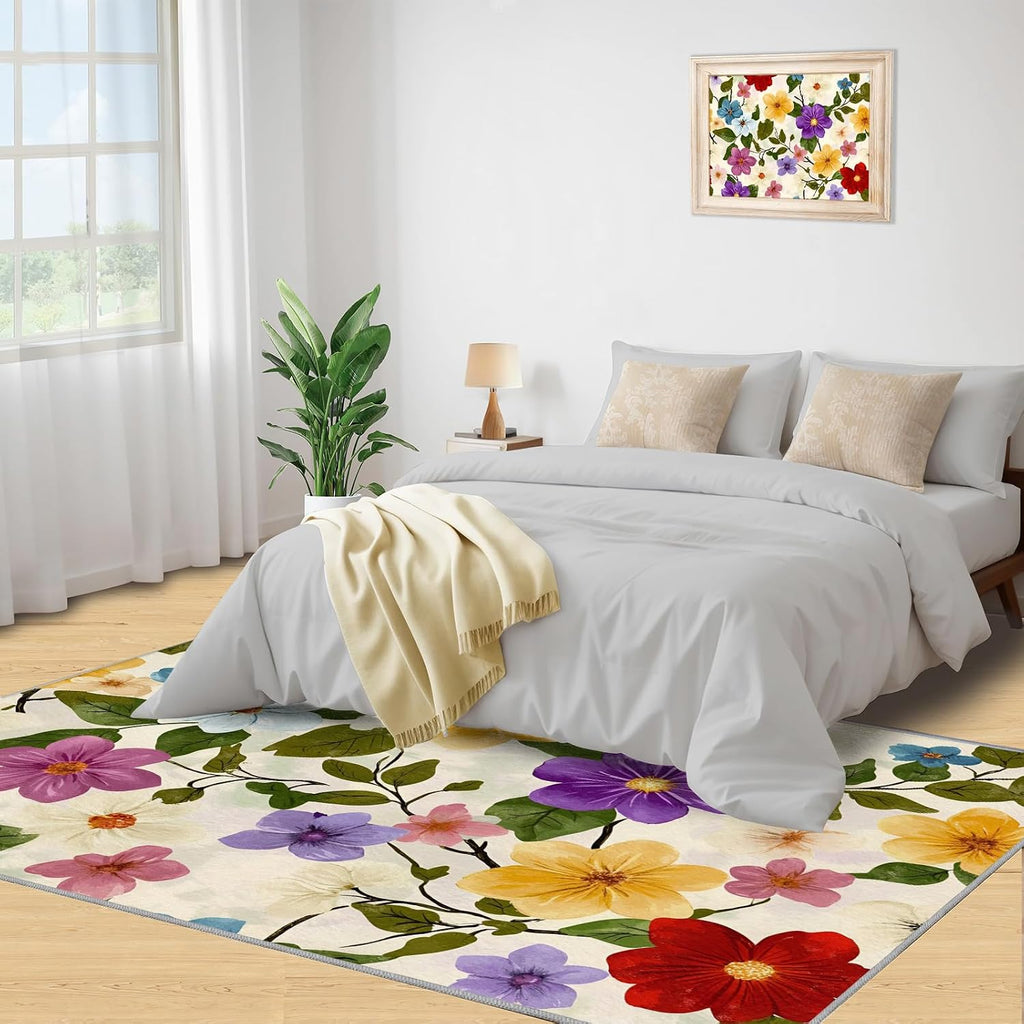 Floral Area Rug Large - 6x8 Rug, Boho Floral Rugs for Living Room, Beige Carpet, Retro Flower Washable Area Rugs for Bedroom, Boho Carpet, Flower Home Decor