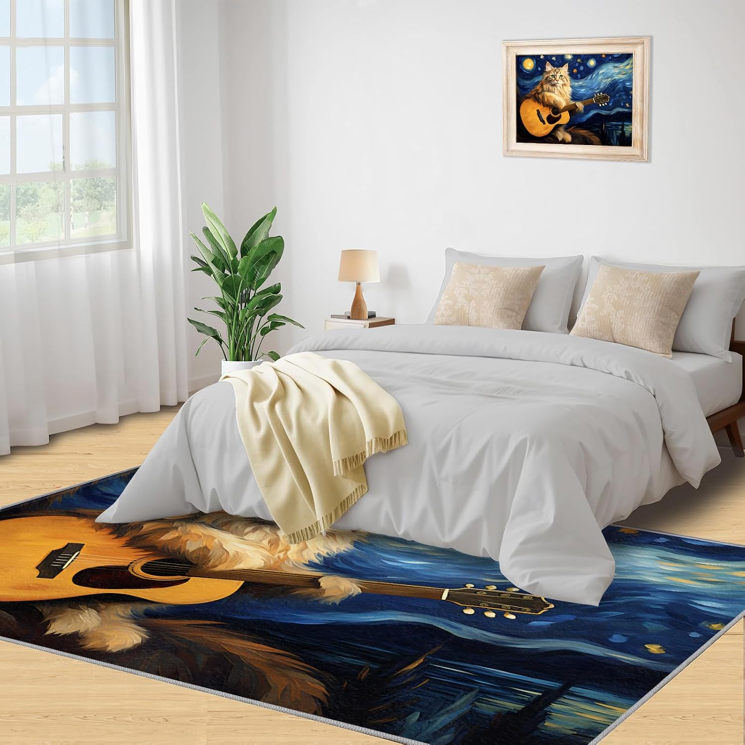 5x6 Area Rug - Starry Sky Guitar Cat Area Rugs for Kitchen, Post-Impressionist Art Painting Bedroom Area Rug Kids Low Pile for Indoor Outdoor Hardwood Floors Home Decor