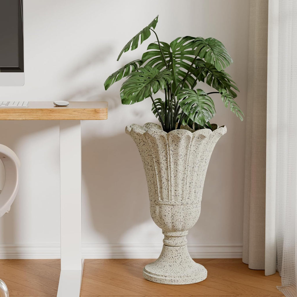 Plastic Urn Planters Set of 2, 23.6' Tall Pedestal Planter with Drainage Holes, Vintage Petal Garden Planter Urns for Front Porch, Large Plant Urns Outdoor & Indoor Flower Pots, Beige