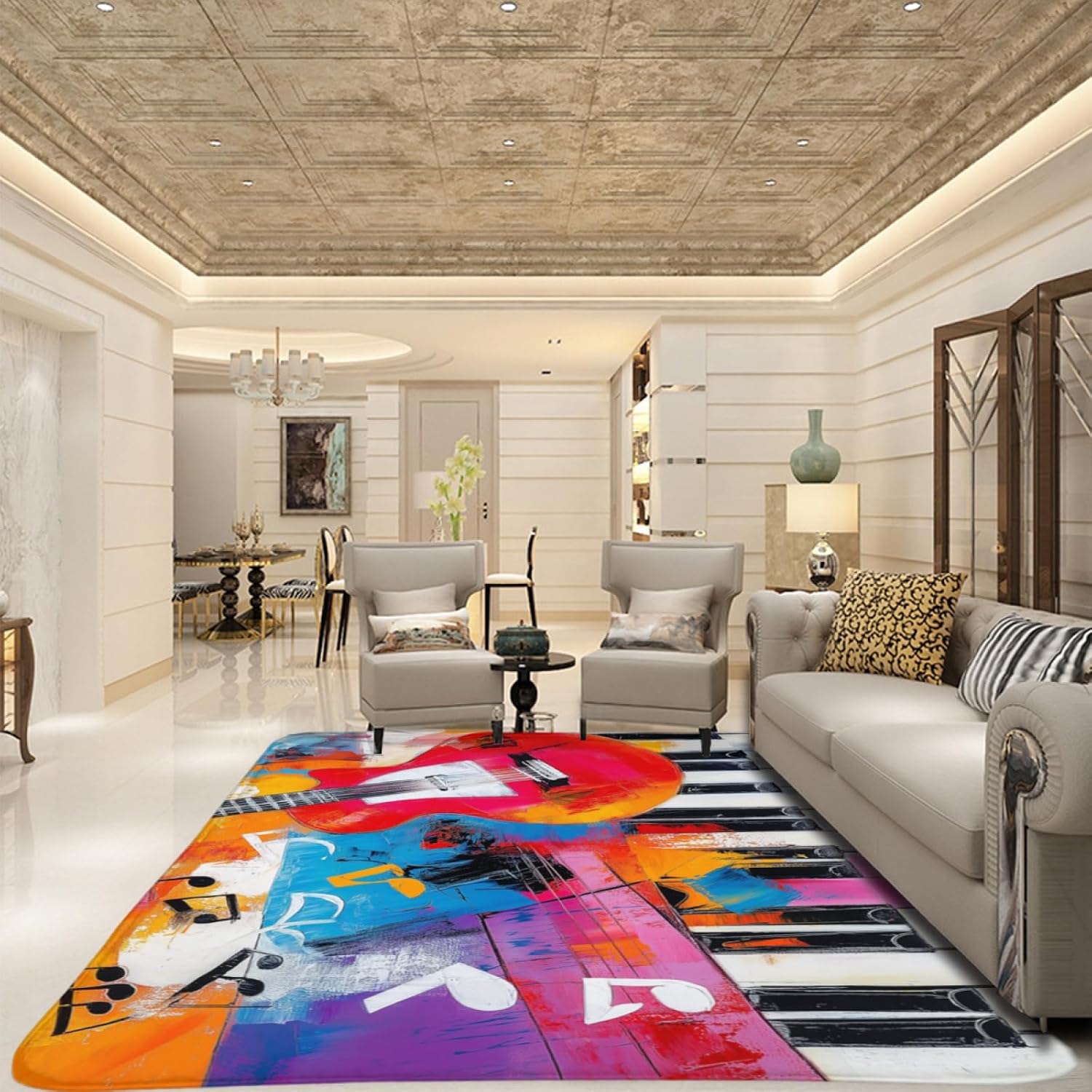 Guitar Rugs for Music Room - Guitar Rug, 6 ft x 8 ft, Abstract Colorful Musical Area, Multicolor, Washable & Non Slip & Soft Large Guitar Home Decor Gifts