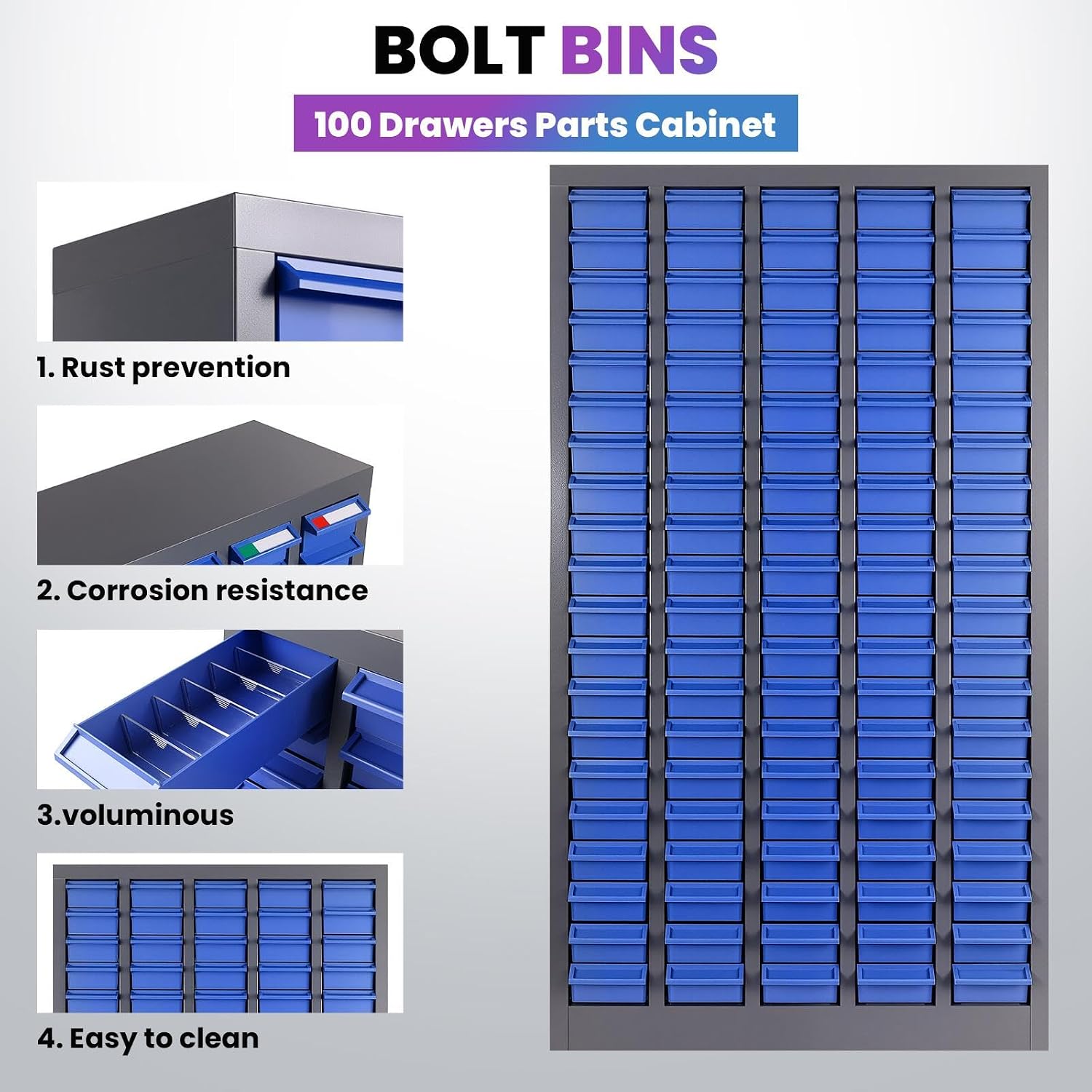 28.5''L×8.66''W×46''H Nut and Bolt Organizer 100 Slots, Bolt Organizer, Alloy Steel Parts Organizer with Abs Material Drawer, Bolt Bin with Label Stickers for Tool Hardware Storage (100)