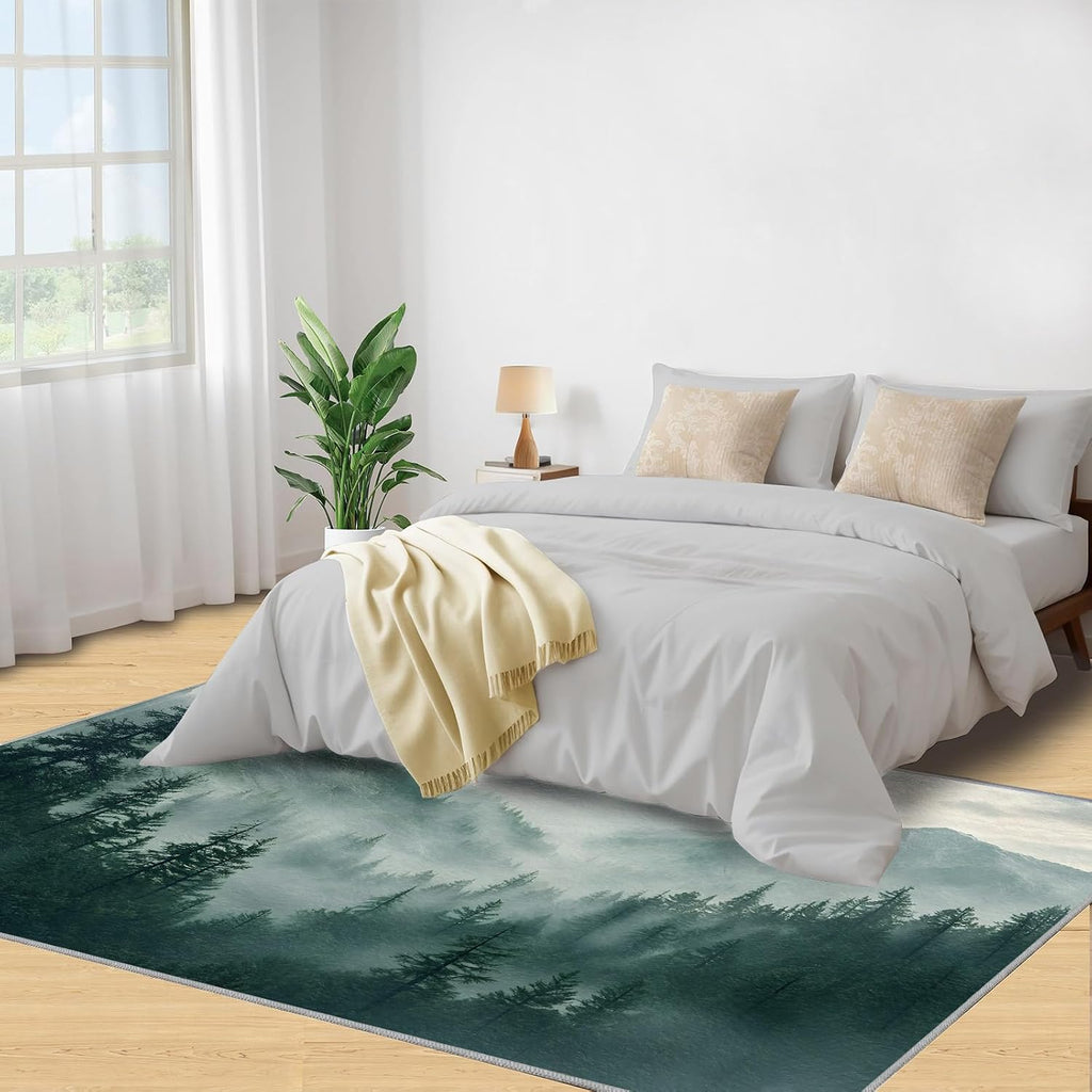 Misty Forest Area Rug Large - 6x8 Rug, Smoky Mountain Rugs for Living Room, Woodland Area Rugs for Bedroom, Scenery Carpet, Washable Carpet, Forest Home Decor & Gifts