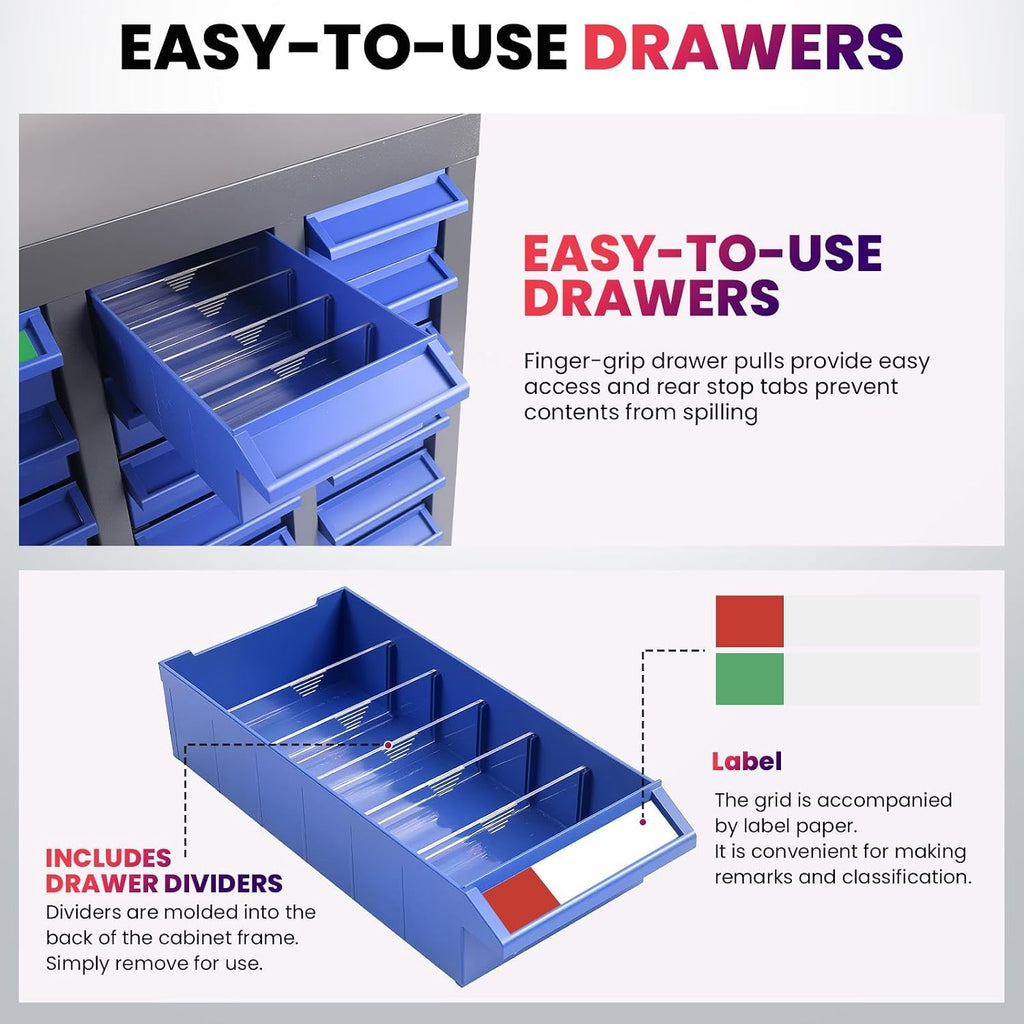 Alloy Steel Nuts and Bolts Organizers and Storage , 8.66'D x 25.8'W x 35.4'H, ABS Material Drawer Parts Cabinet with Labels and Dividers, Small Parts Organizer for Workshop, Office，Home (100 Drawers)