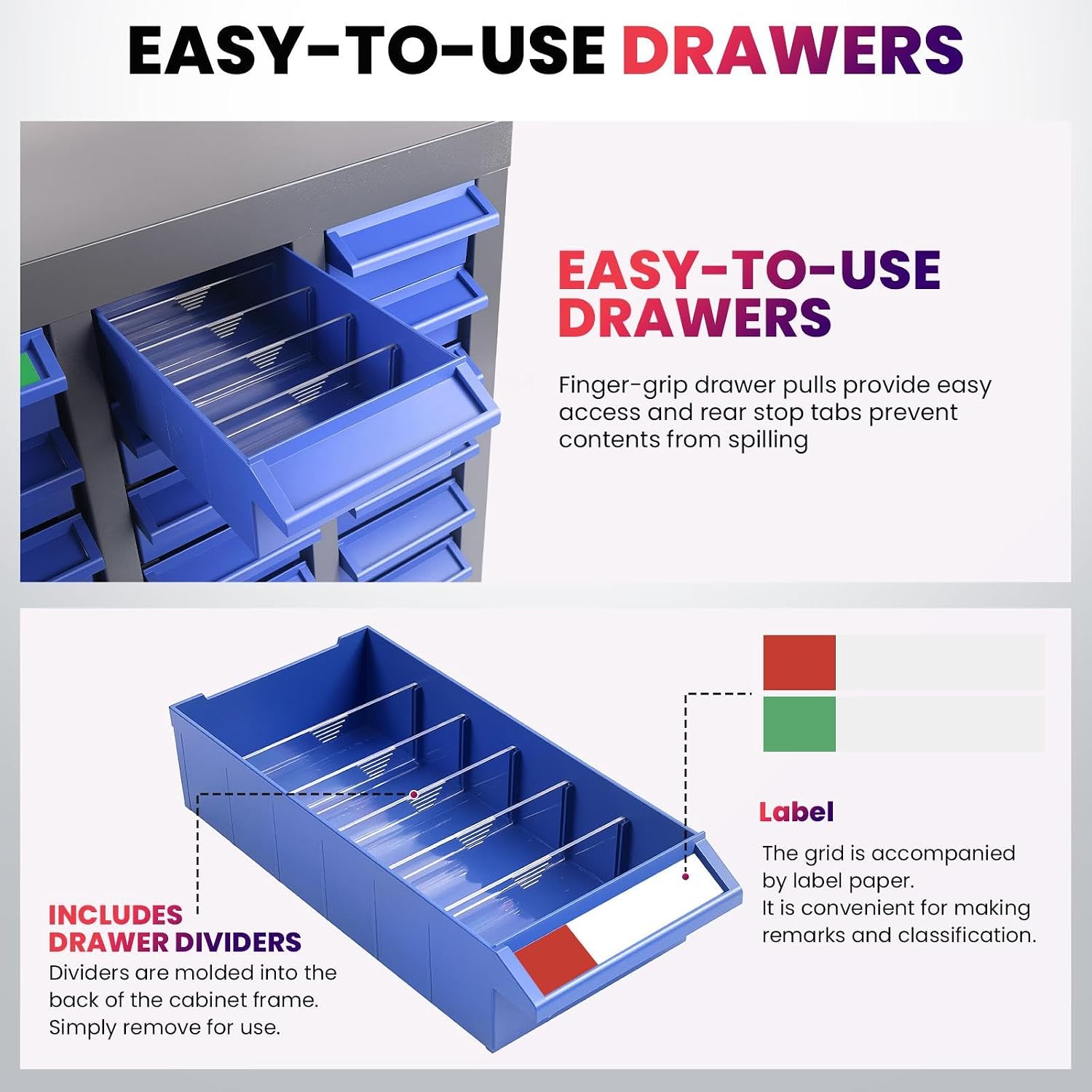 Alloy Steel Nuts and Bolts Organizers and Storage , 8.66'D x 25.8'W x 35.4'H, ABS Material Drawer Parts Cabinet with Labels and Dividers, Small Parts Organizer for Workshop, Office，Home (100 Drawers)