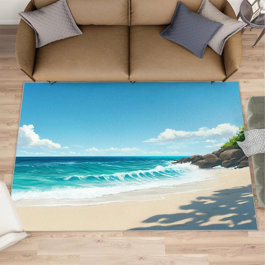 Summer Beach Rug 6x8-6x8 Rug, Coastal Washable Rugs for Living Room, Nautical Carpet, Landscape Non-Slip Area Rugs for Bedroom, Ocean Carpet, Beach Home Decor