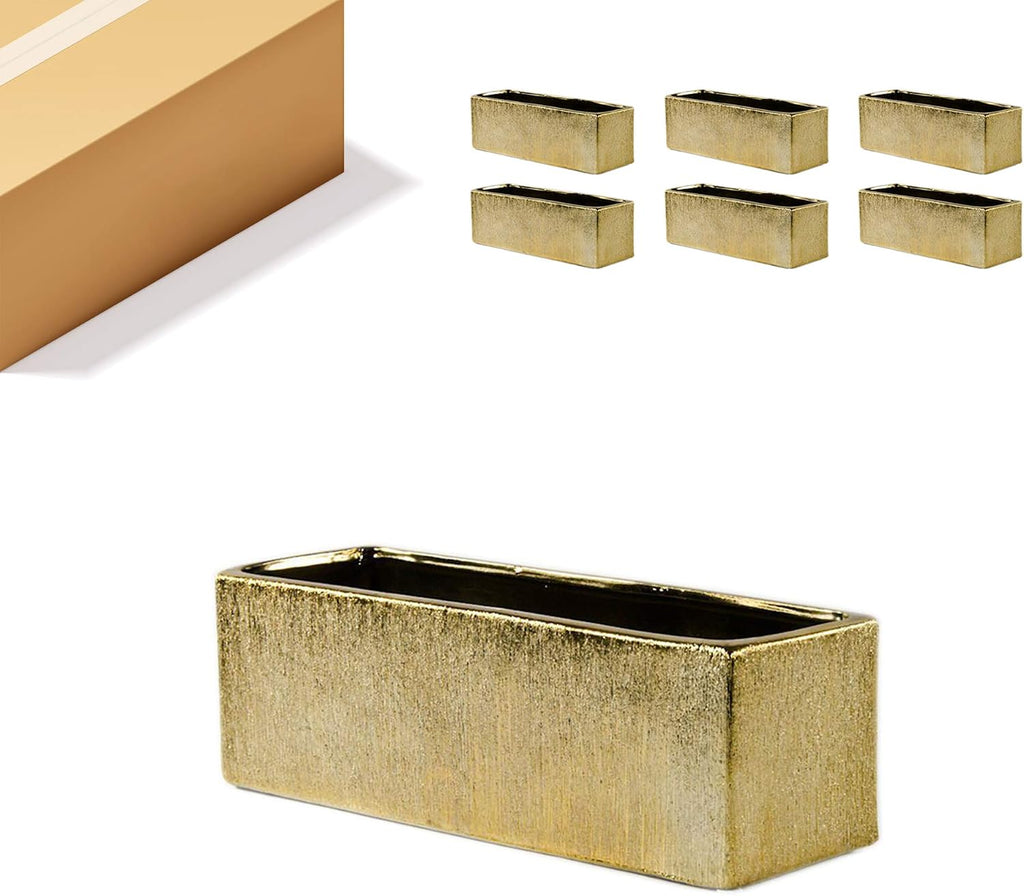 WGVI Long Rectangle Ceramic Planter Vase in Gold Etched 12' x 4' x 4'H, Block Rectangular Terrarium Box Pot, Flower Arrangement, Table top Centerpiece, Home Decor Storage Container, Bulk, 6 Pcs.