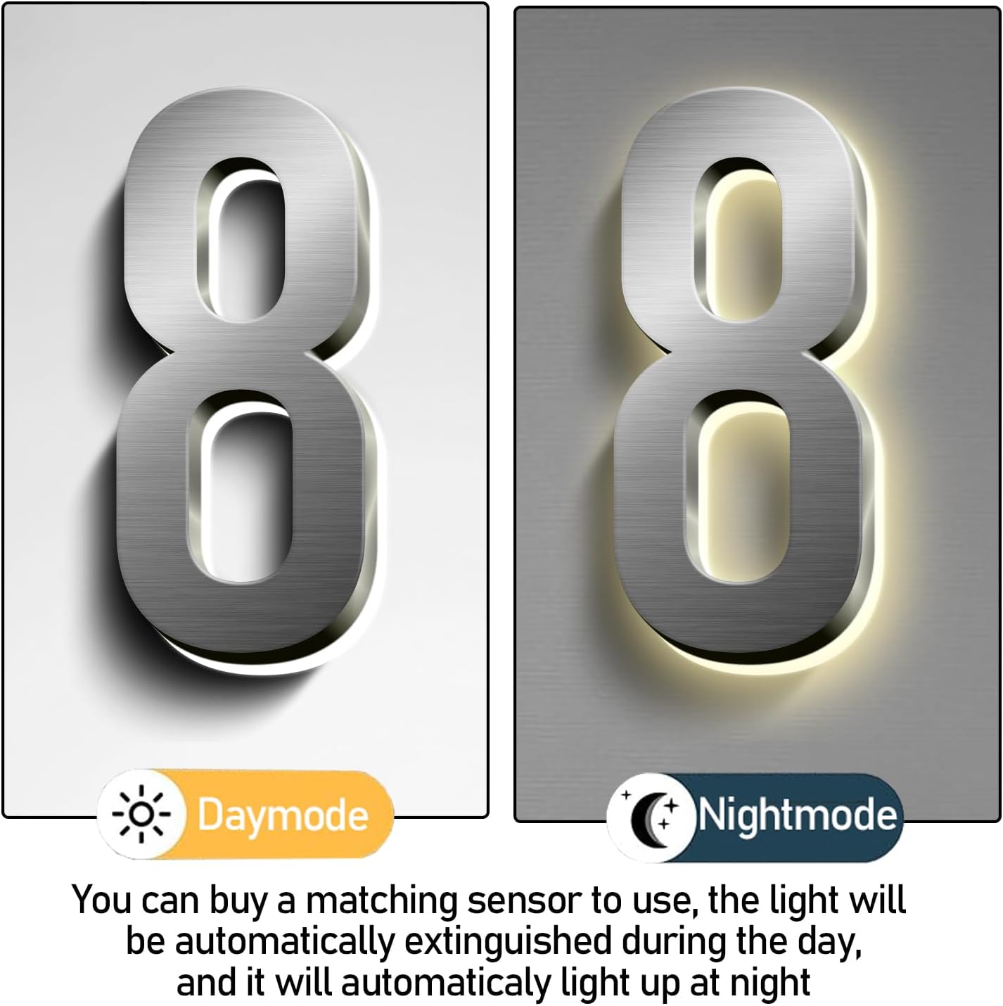 Backlit LED Illuminated Home Address Numbers, Up-Scale Modern Look, Stainless Steel Hand-Polished Waterproof For House Address Signs, Lighted House Numbers For Outside,18 Inch/450mm,8