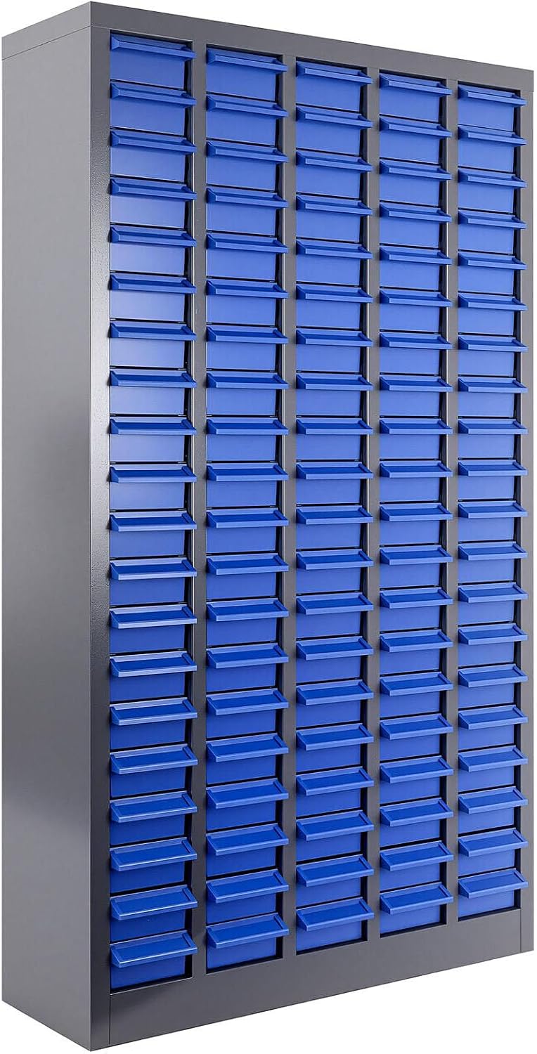 100 Drawers Industrial Parts Cabinet, Hardware Electronics Bolt and Nut Organizer for Factory Garage, ABS Material Drawer with Label Stickers, for Office Supplies and Hardware Storage, Sliver&Blue