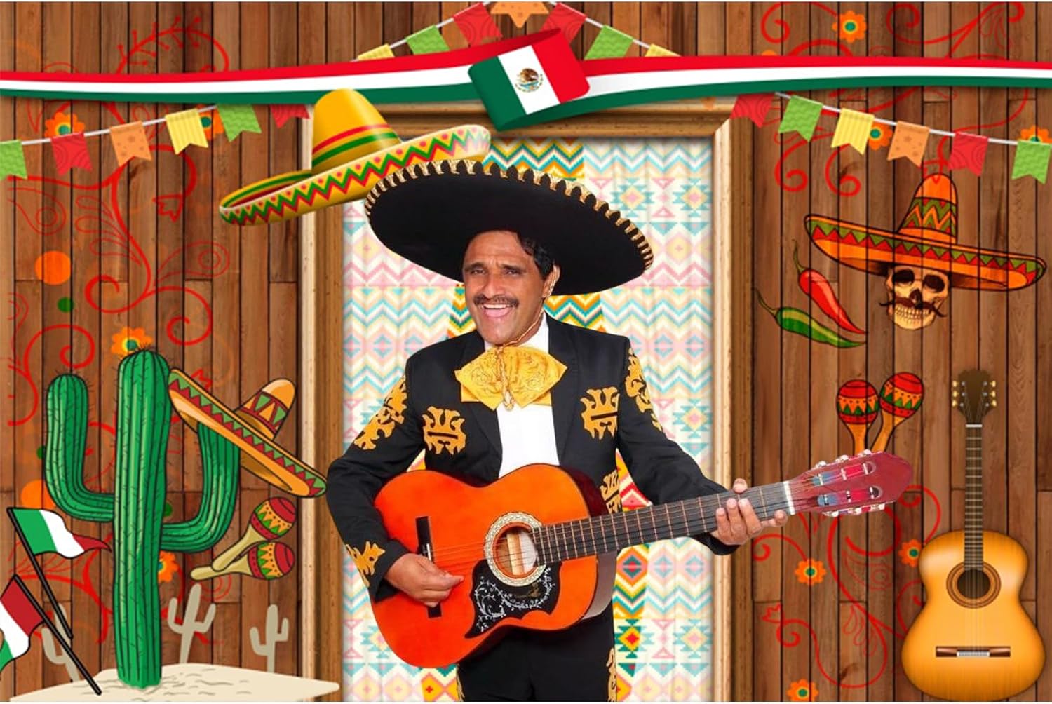 20x10ft Mexico Fiesta Photography Backdrop Wooden Mexico Cactus Guitar Flags Photography Background Cinco de Mayo Party Mexico Theme Bday Festival Banner Supplies for Kid Adults Video Studio