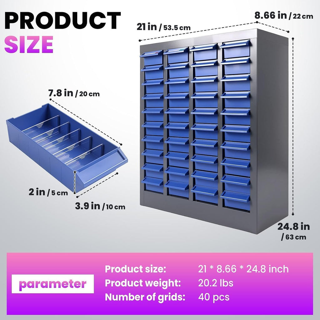 40-Drawer Parts Cabinet, Steel Bolt and Nut Bolt Organizer, Bolt Bins with ABS Drawers & Tool Storage Labels, Nut and Bolt Organizer for Workshop, Garage Tool Organization, Home and Office