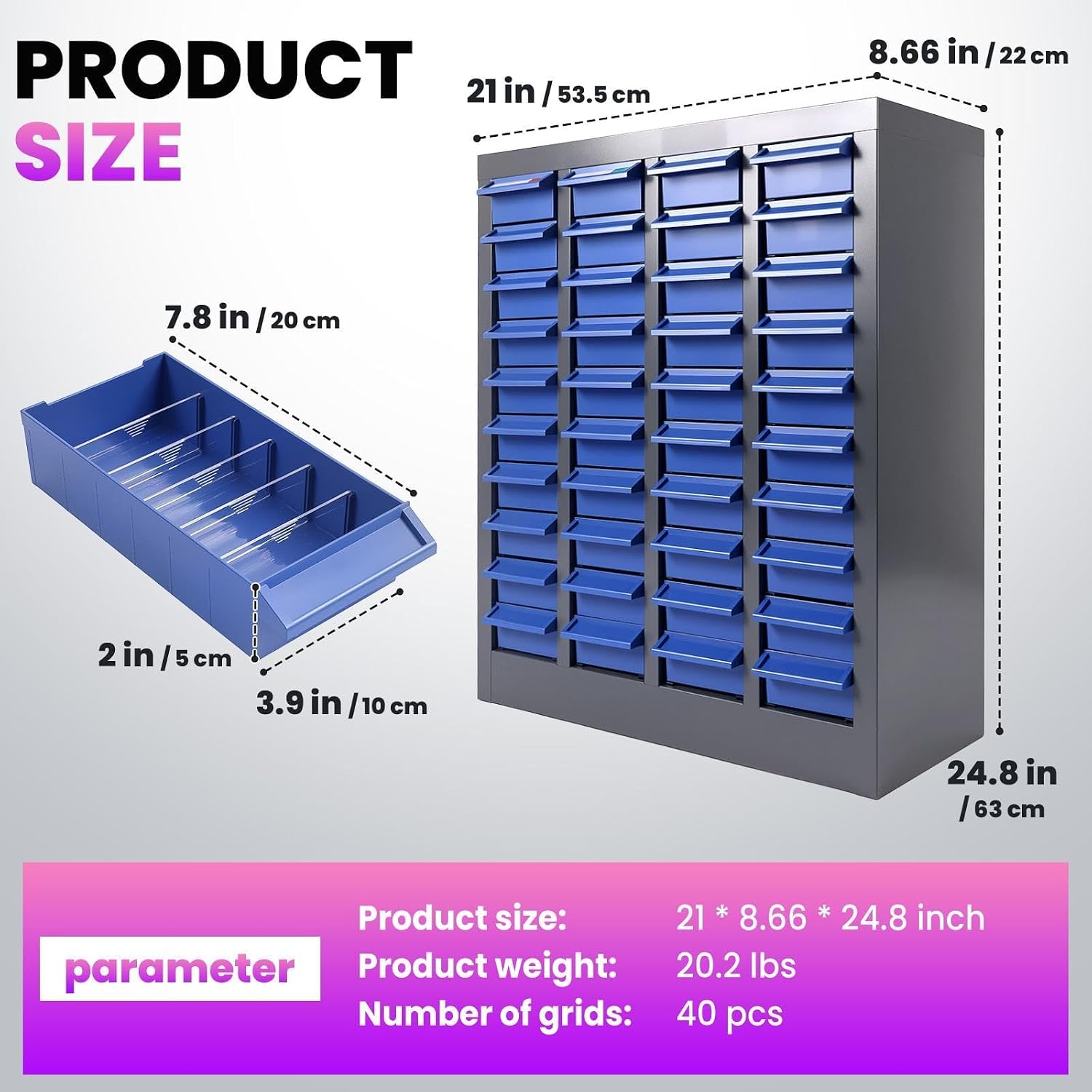 40-Drawer Parts Cabinet, Steel Bolt and Nut Bolt Organizer, Bolt Bins with ABS Drawers & Tool Storage Labels, Nut and Bolt Organizer for Workshop, Garage Tool Organization, Home and Office
