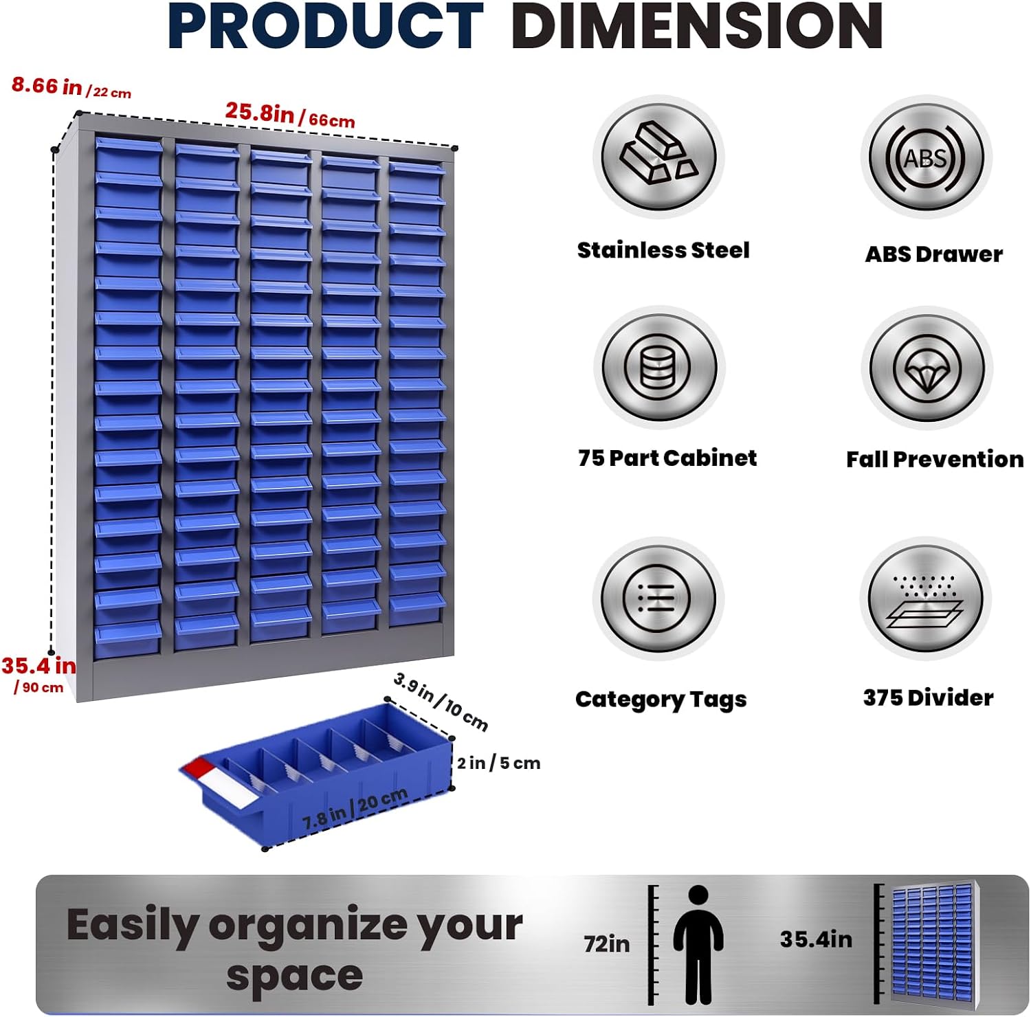 75 Drawers Small Parts Organizer Cabinet, 35' H x 26' D x 9' W Stainless Steel Large Parts Cabinet - Adjustable Shelves & Label, ABS Drawers for Home Office Workshop Laboratory Nut and Bolt Organizer