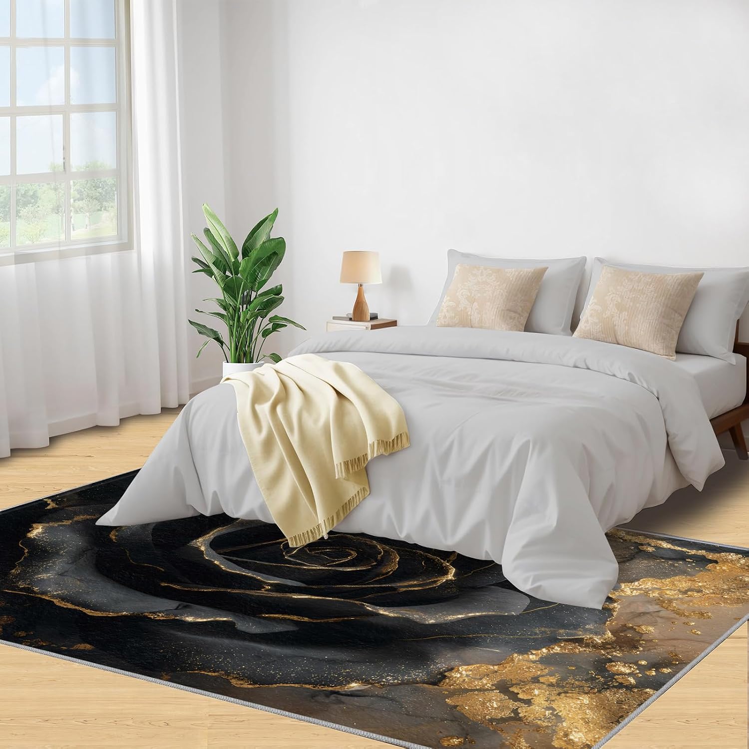 Florals Rugs for Bedroom, Flowers Rug 6x8, Luxury Roses Dining Room Rugs Washable & Non Slip Large Carpet for Home Decor