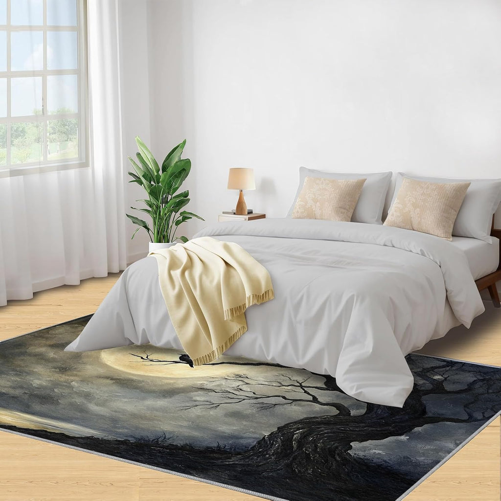 Crow Rug 6x8, Moon Rugs for Bedroom, Gothic Art Area Rug, Non Slip Washable Rugs for Living Room Farmhouse, Indoor Low Pile Decor Carpet