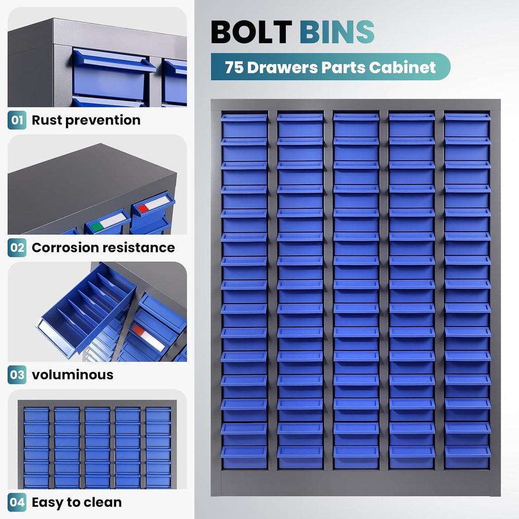 75 Drawers Parts Cabinet, Alloy Steel Tool Storage with Dividers, Nut and Bolt Organizer 25.8''L× 8.66''W×46''H, 44.5lbs Capacity for Tool Harware and Workshop, Blue (75 Drawers)