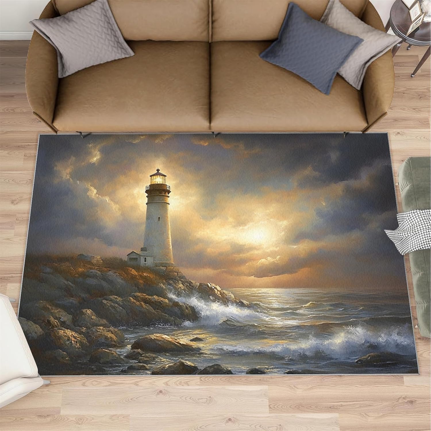 Lighthouse Rug Large - 6x8 Rug, Nautical Area Rugs for Bedroom, Coastal Beach Rugs for Living Room, Boys Room Washable Mat, Ocean Carpet, Nautical Home Decor & Gifts