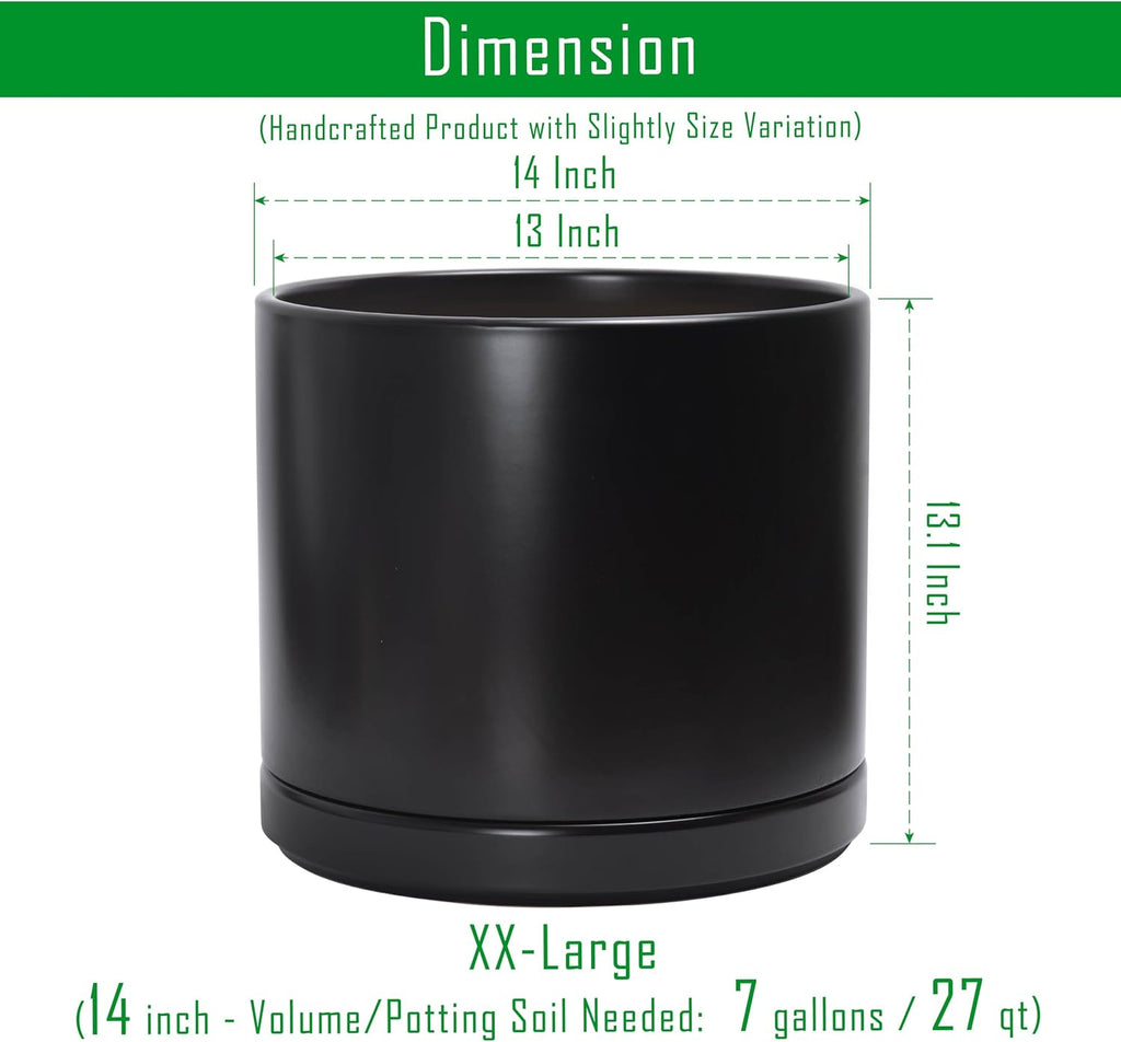 D'vine Dev 14 Inch Ceramic Planter Pot with Drainage Hole and Saucer, Indoor Cylinder Round Planter Pot, Black, 94-O-G-2