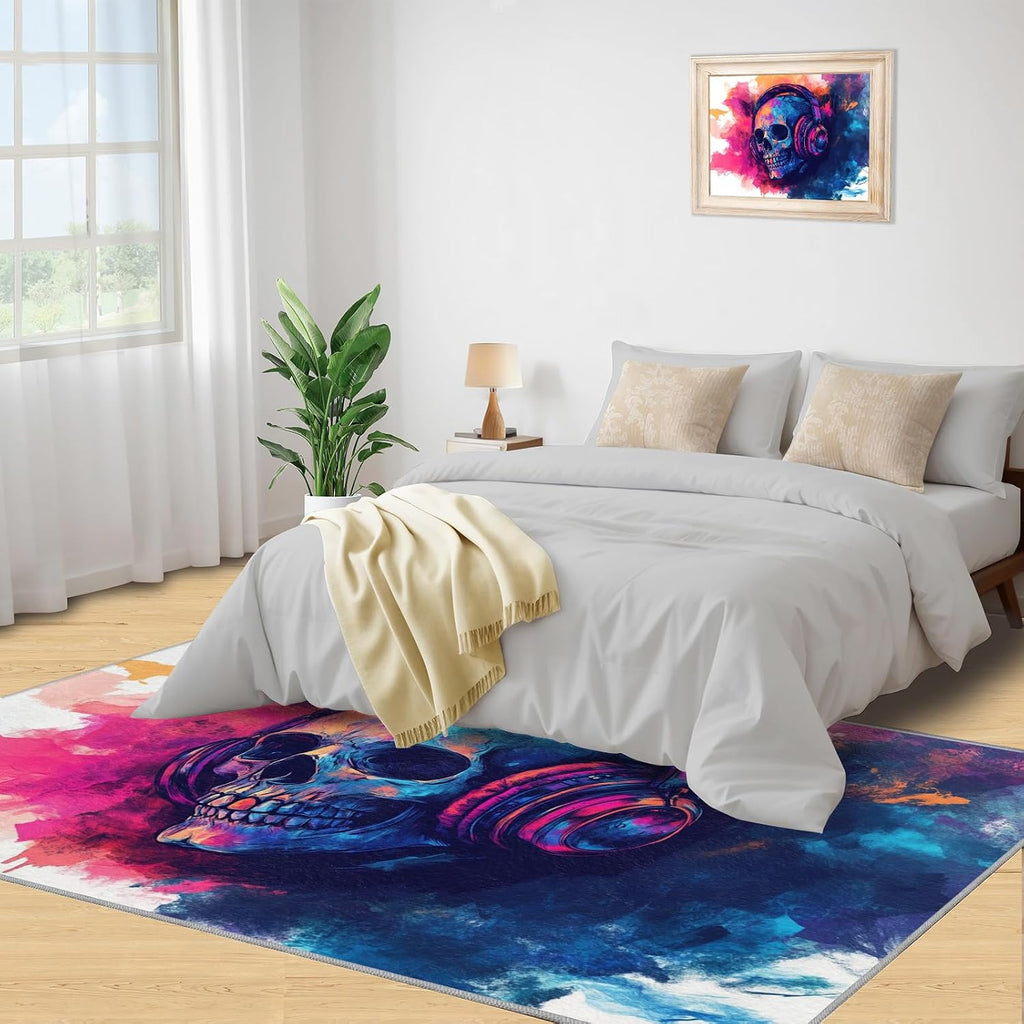 Skull Area Rug Large - 6x8 Rug, Skeleton Rugs for Living Room, Gothic Area Rugs for Bedroom, Halloween Washable Carpet, Halloween Home Decor & Gifts