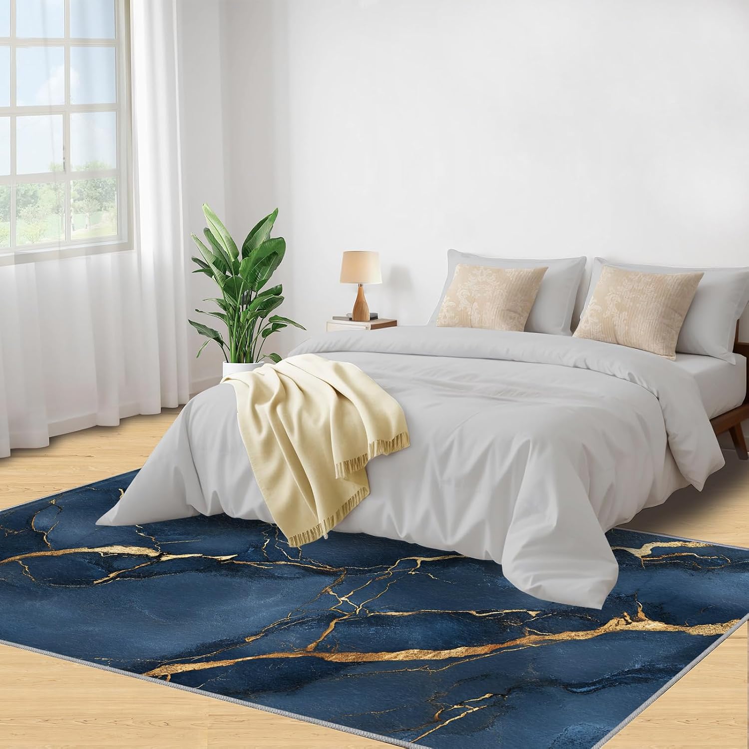 Blue Marble Area Rug 6x8, Marble Rugs for Living Room, Golden Cracks Bedroom Rug, Machine Washable Rugs for Sofa Kitchen Dining, Non-Slip Home Decor Carpet