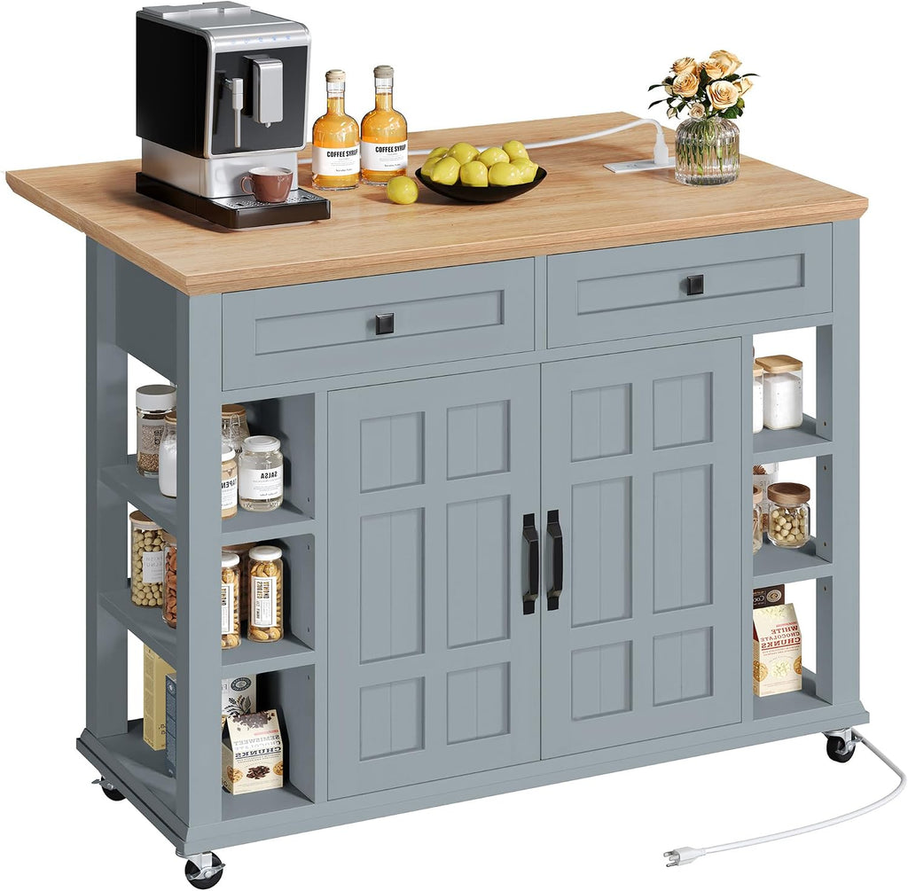 YITAHOME Kitchen Island with Drop Leaf & Power Outlet, Rolling Kitchen Cart on Wheels, Americana Kitchen Island Cabinet with Open Shelves for Kitchen Dining Room, Thicker Rubberwood Top, Grey Blue