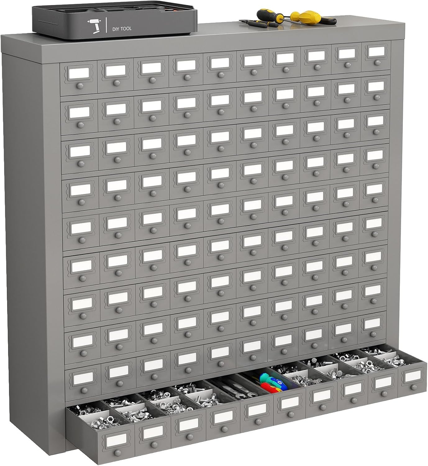 100-Drawer Cold Rolled Steel Storage Parts Cabinet with Divider, 10-Tier Tool Organizer Rack for Hardware, Nuts, Bolts, Bins, Industrial Steel Organizer for Warehouse, Workshop, Trucks, Store