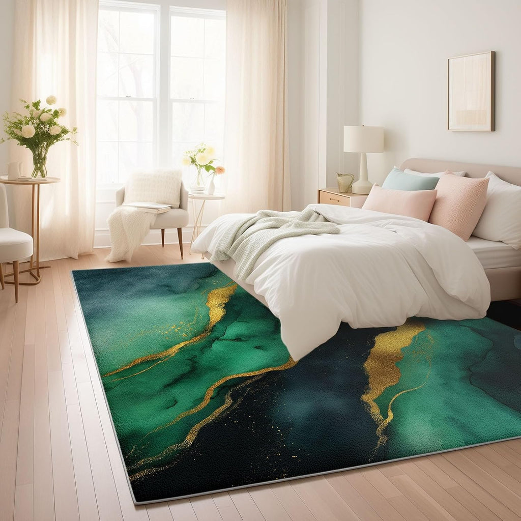 Washable Area Rugs 6' x 8' Non-Slip Watercolor Art Soft Rug, Low Pile Machine Washable Carpet for Living Room Entryway Bedroom Nursery Malachite Marble Stripes Print Pattern Carpet
