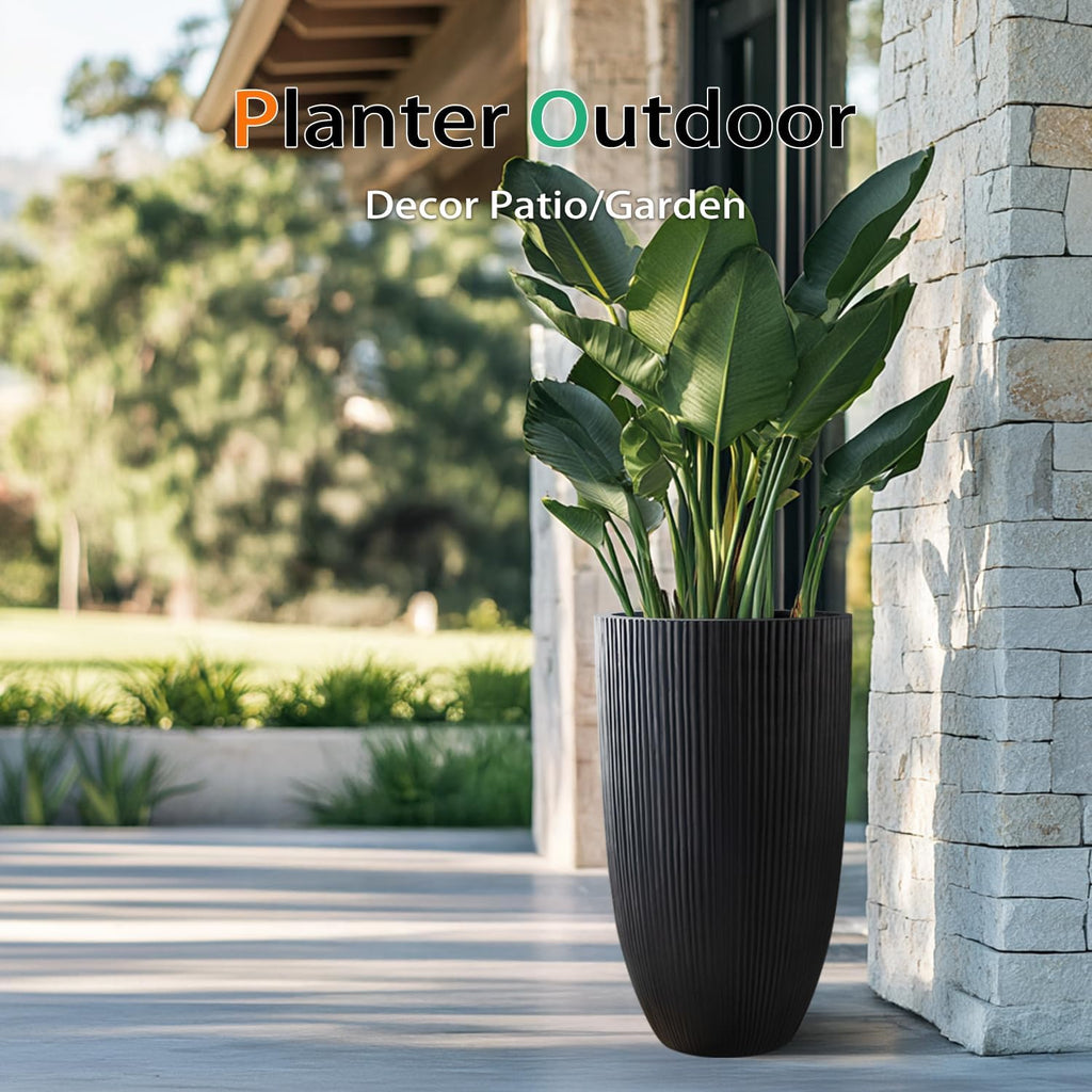 Heyzier Tall Planters for Outdoor Plants, Large Concrete Flower Pots for Garden Front Porch, Patio, Indoor (Vertical Black)