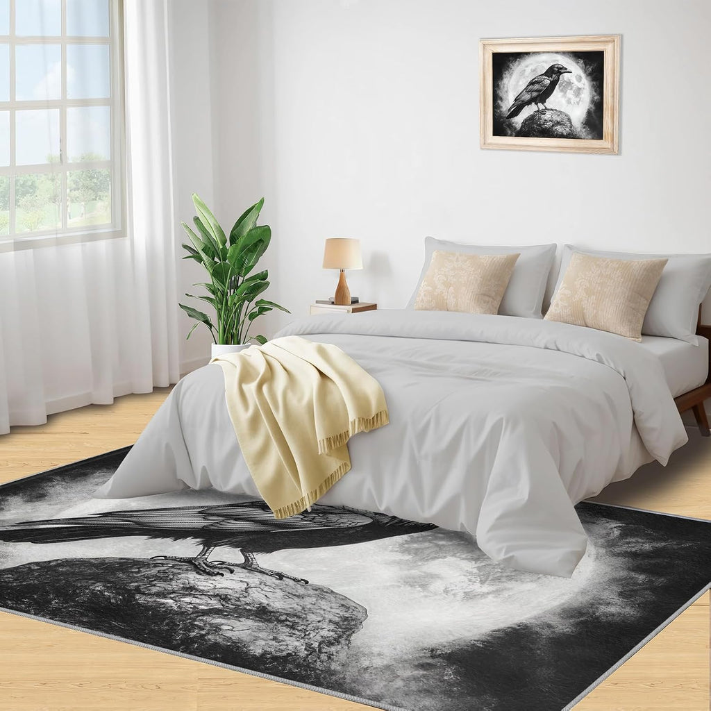 Black and White Carpet - Large Rug 6x8 - Crow Rugs for Living Room - Soft & Non Slip & Washable Rugs for Bedroom, Full Moon Carpets for Dining Room Lounge Girls Room