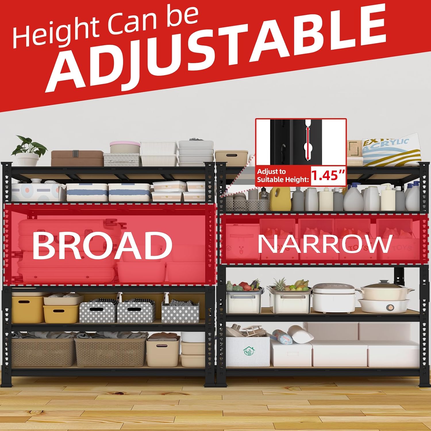 PrimeZone 60' W X 24' D X 72' H Heavy Duty Garage Storage Shelves - Adjustable Metal Shelving Unit, 5 Tier Industrial Shelves for Storage Standing Utility Rack for Warehouse, Pantry, Basement, Black