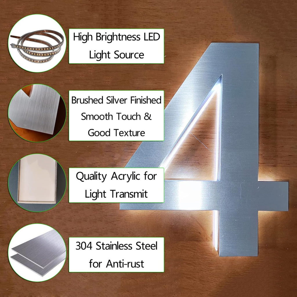 16' Modern Backlit House Numbers Plaques With Lights, Illuminated Door Number Plaques For Wall, Stainless Steel House Address Numbers For Outside,J