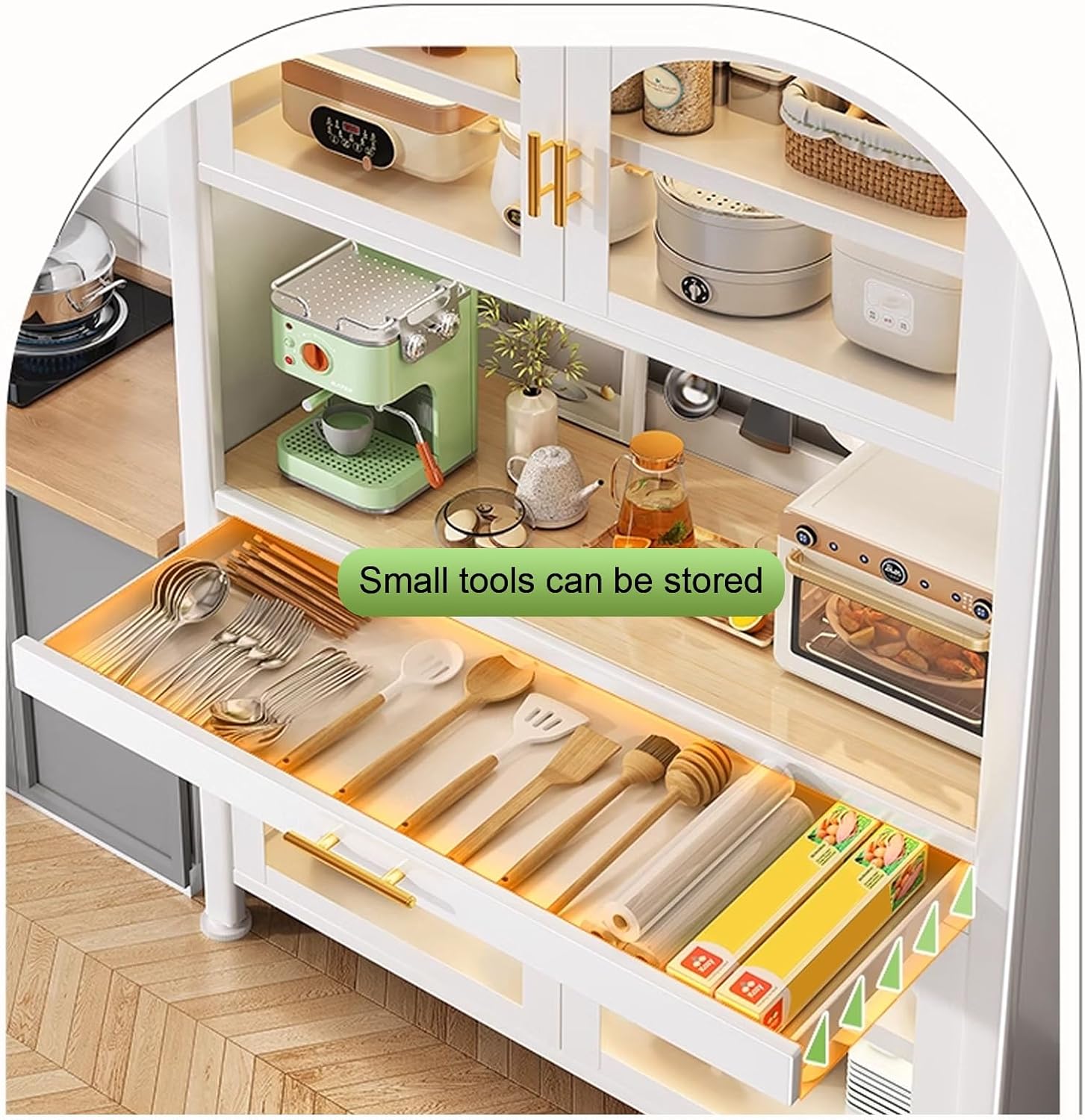 Kitchen Bakers Rack with Storage, Standing Kitchen Storage Rack with Drawer, Microwave Stand with 3 Hooks, Large Capacity(White,100cm)