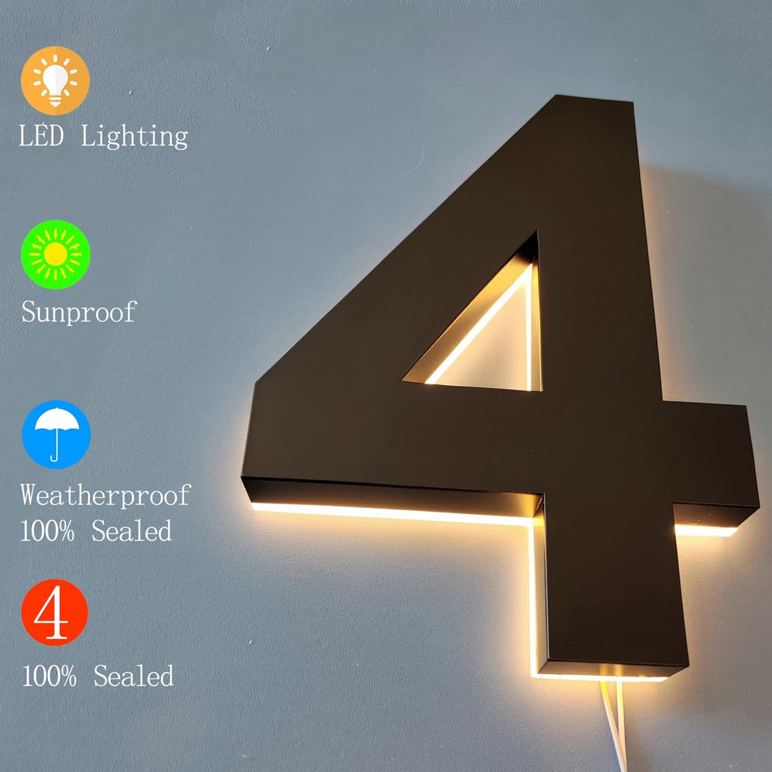 14' Illuminated House Numbers, Backlit LED Home Address Number, Stainless Steel Hand-Polished For Lighted House Address Signs For Outside,V