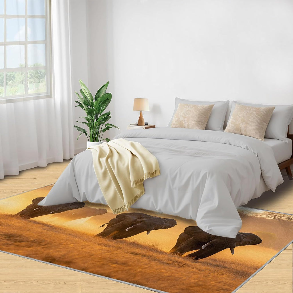 African Elephants Area Rug 6x8 - Grassland Elephant Herd Large Rugs for Living Room, Natural Scenery Carpet Area Rug for Girls Bedroom Kids Room Basement Office Classroom