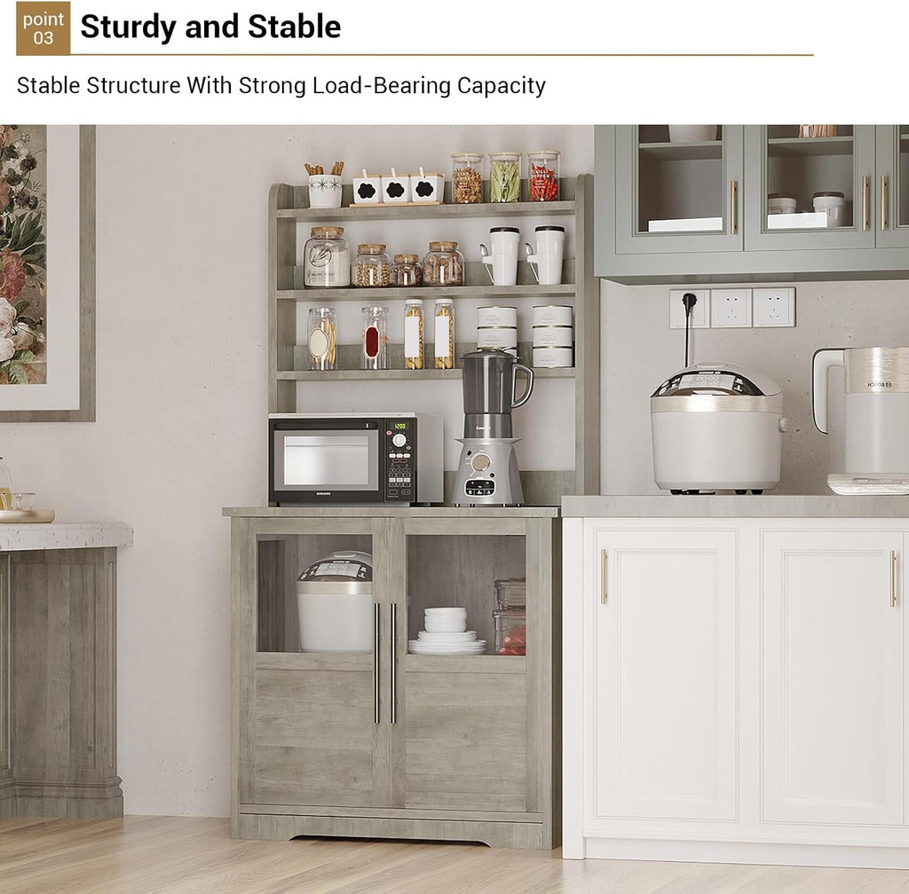6-Tier Kitchen Bakers Rack,Storage, Power Outlet, and Glass Doors,Freestanding Farmhouse Coffee Bar Cabinet for Kitchen, Living Room, Dining Room,Gray