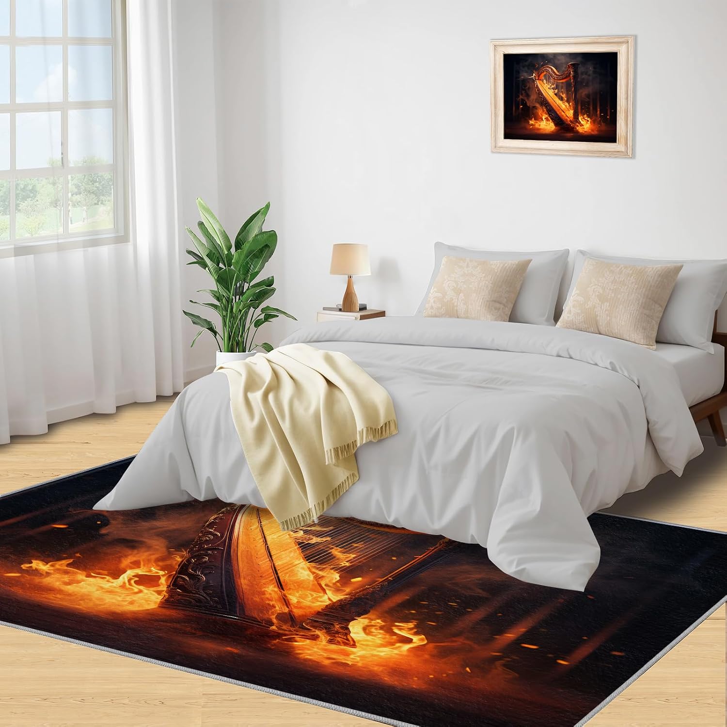 Harp Rug, 4.6x6.6 Area Rug, Flame Harp Rugs for Indoor, Golden Burning Instrument Rugs for Kids Bedroom, Notes Guitar Carpet, Crazy Music Washable Rugs for Living Dining Room
