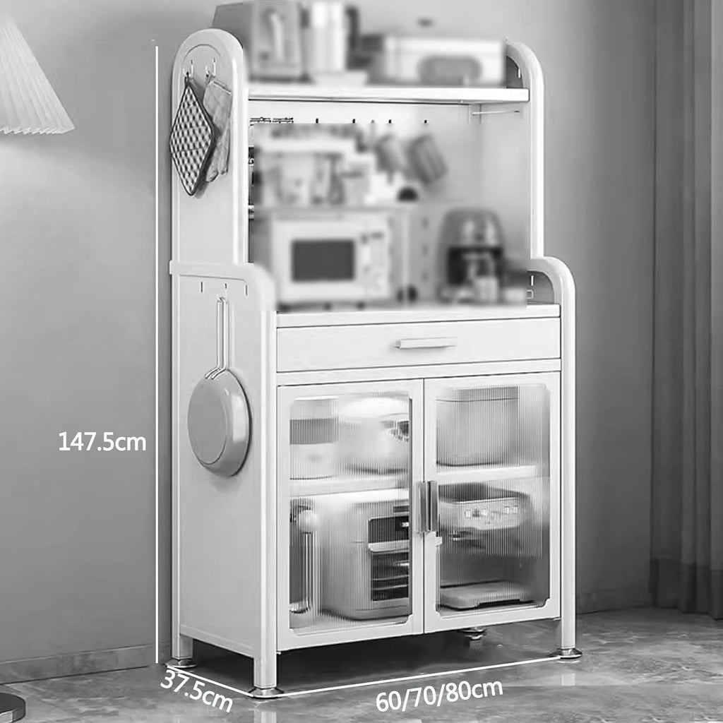 Kitchen Storage Rack for Cabinet Bakers Rack with Storage Cabinet Doors with Adjustable Foot Pads, for Kitchen, Dining Room, Living Room(White,60 * 37.5 * 147.4cm)
