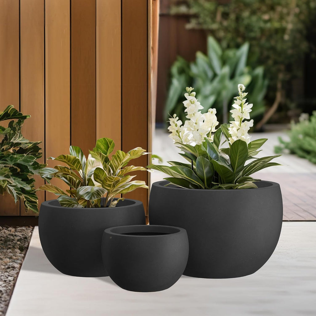 Kante 19.9',15.7',11.8' Dia Round Concrete Planter Set of 3, Outdoor/Indoor Large Bowl Plant Pots with Drainage Hole and Rubber Plug for Garden Patio Balcony Home, Black