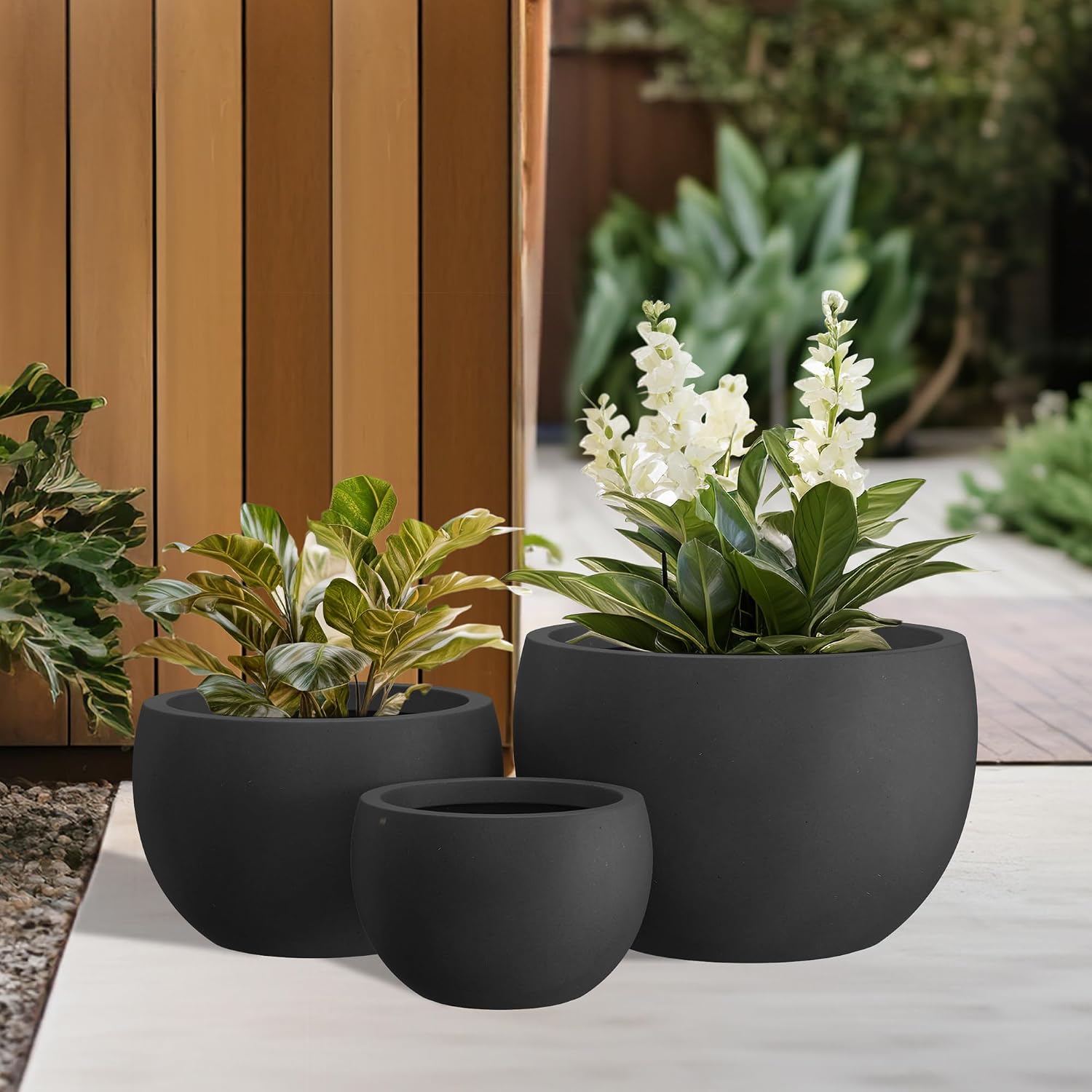 Kante 19.9',15.7',11.8' Dia Round Concrete Planter Set of 3, Outdoor/Indoor Large Bowl Plant Pots with Drainage Hole and Rubber Plug for Garden Patio Balcony Home, Black