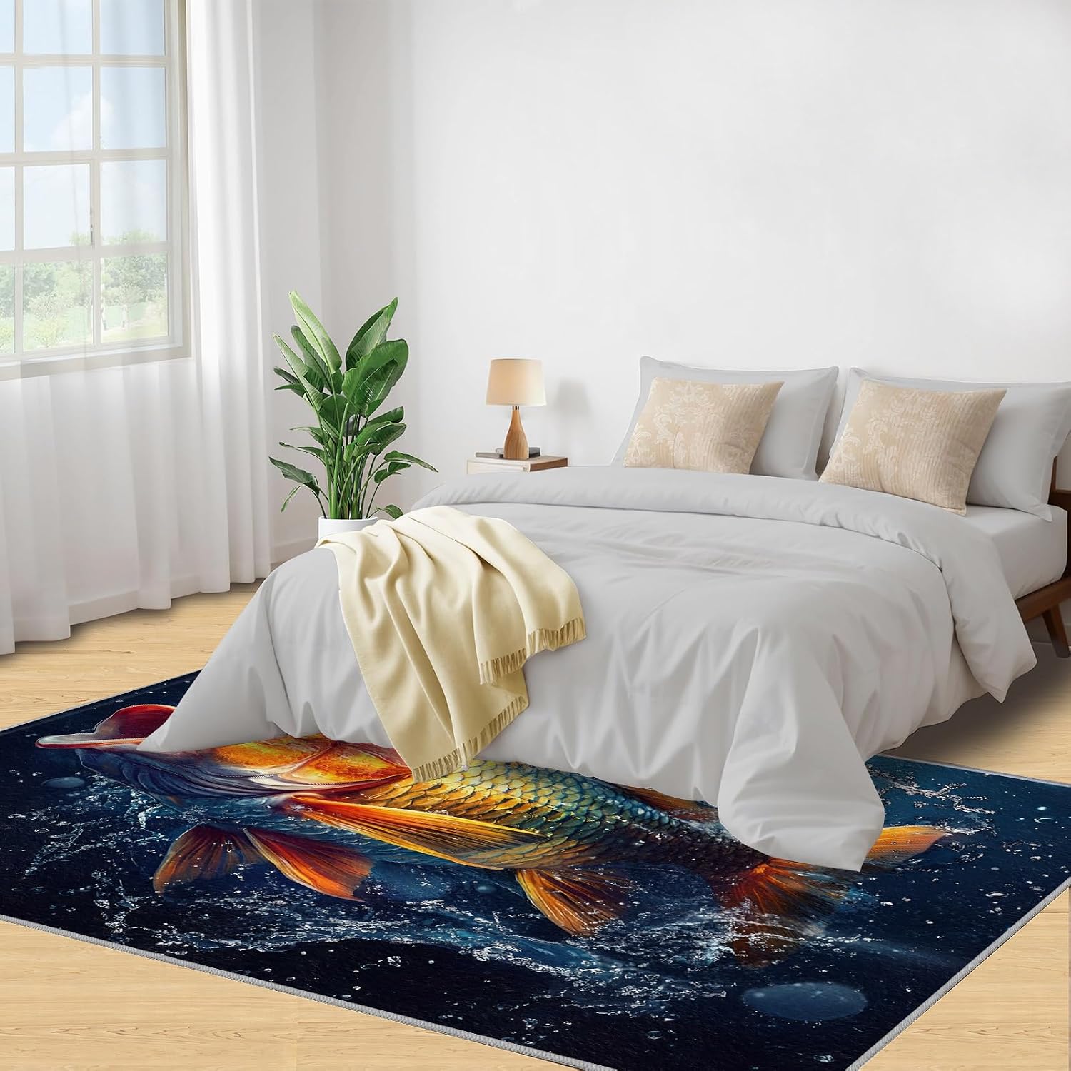 Fish Rugs for Bedroom, Carp Rug 6x8, Animals Dining Room Rugs Washable & Non Slip Large Carpet for Home Decor