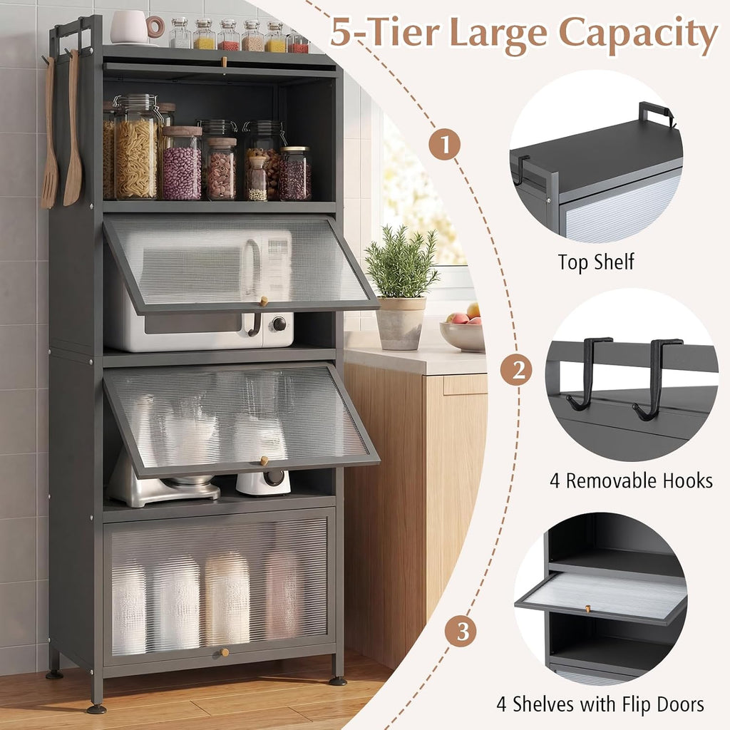 LDAILY 5-Tier Kitchen Storage Cabinet, Mobile Microwave Stand with Metal Frame, Double Anti-toppling Device, 4 Rolling Casters, Freestanding Bakers Rack for Kitchen, Dining Room, Living Room (Grey)