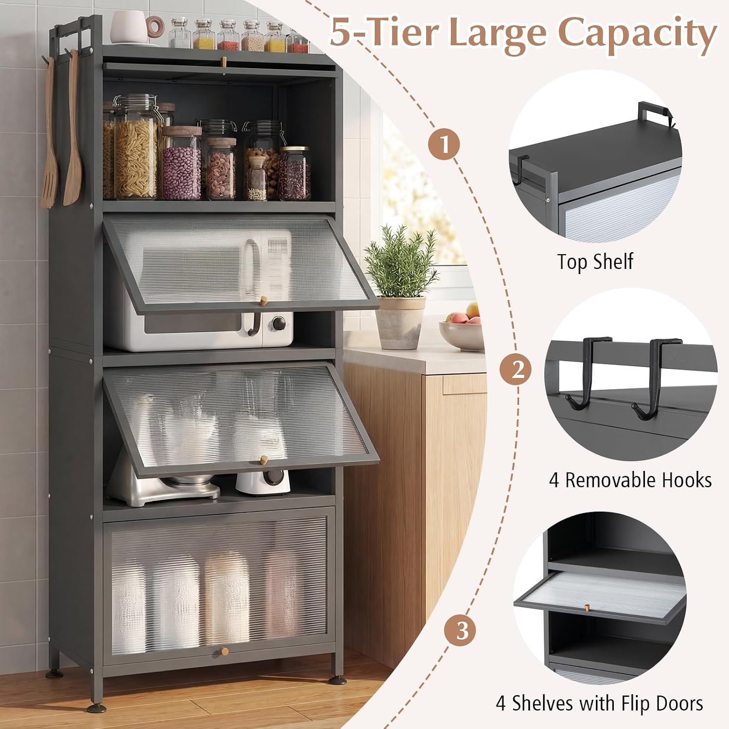 LDAILY 5-Tier Kitchen Storage Cabinet, Mobile Microwave Stand with Metal Frame, Double Anti-toppling Device, 4 Rolling Casters, Freestanding Bakers Rack for Kitchen, Dining Room, Living Room (Grey)