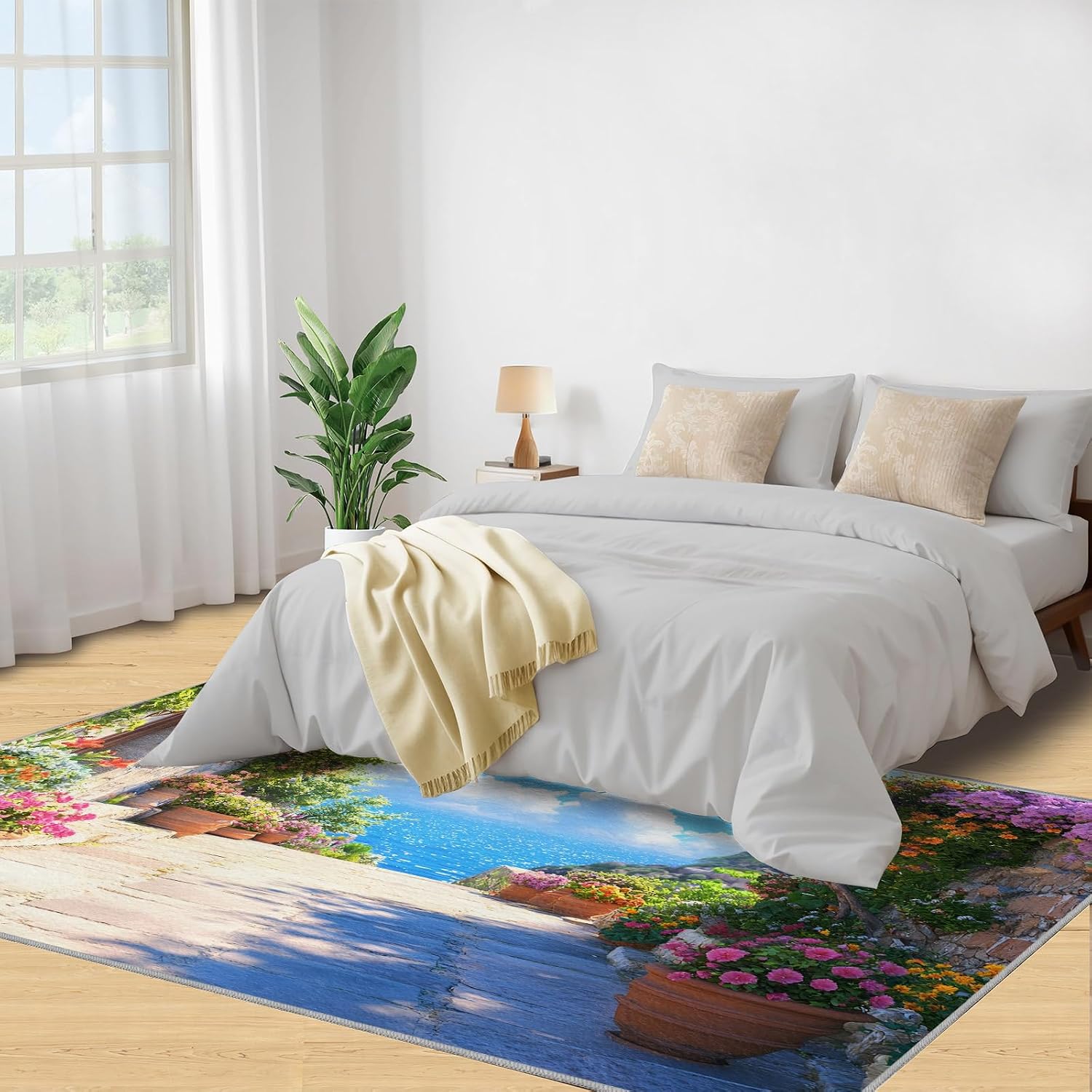 Tuscany Italy Rug 6x8-6x8 Rug, Italian Flowers Area Rugs for Bedroom, Coastal Rugs for Living Room, Landscape Washable Carpet, Italy Home Decor & Gifts