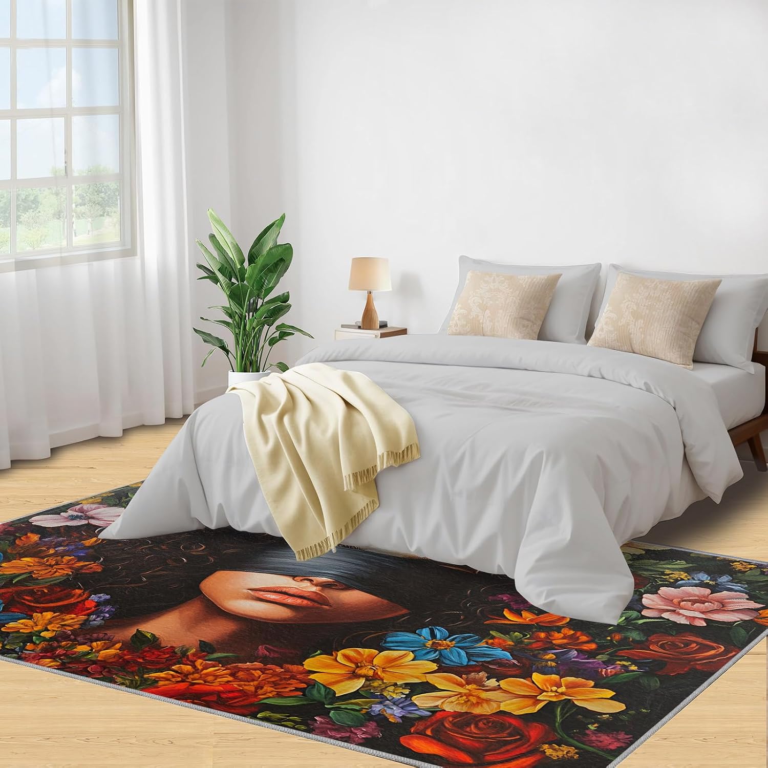 Black Girl Rug 6x8, Flowers Rugs for Bedroom, Fashion Girl Area Rug, Home Decor Rugs for Living Room, Non-Slip Machine Washable Carpet