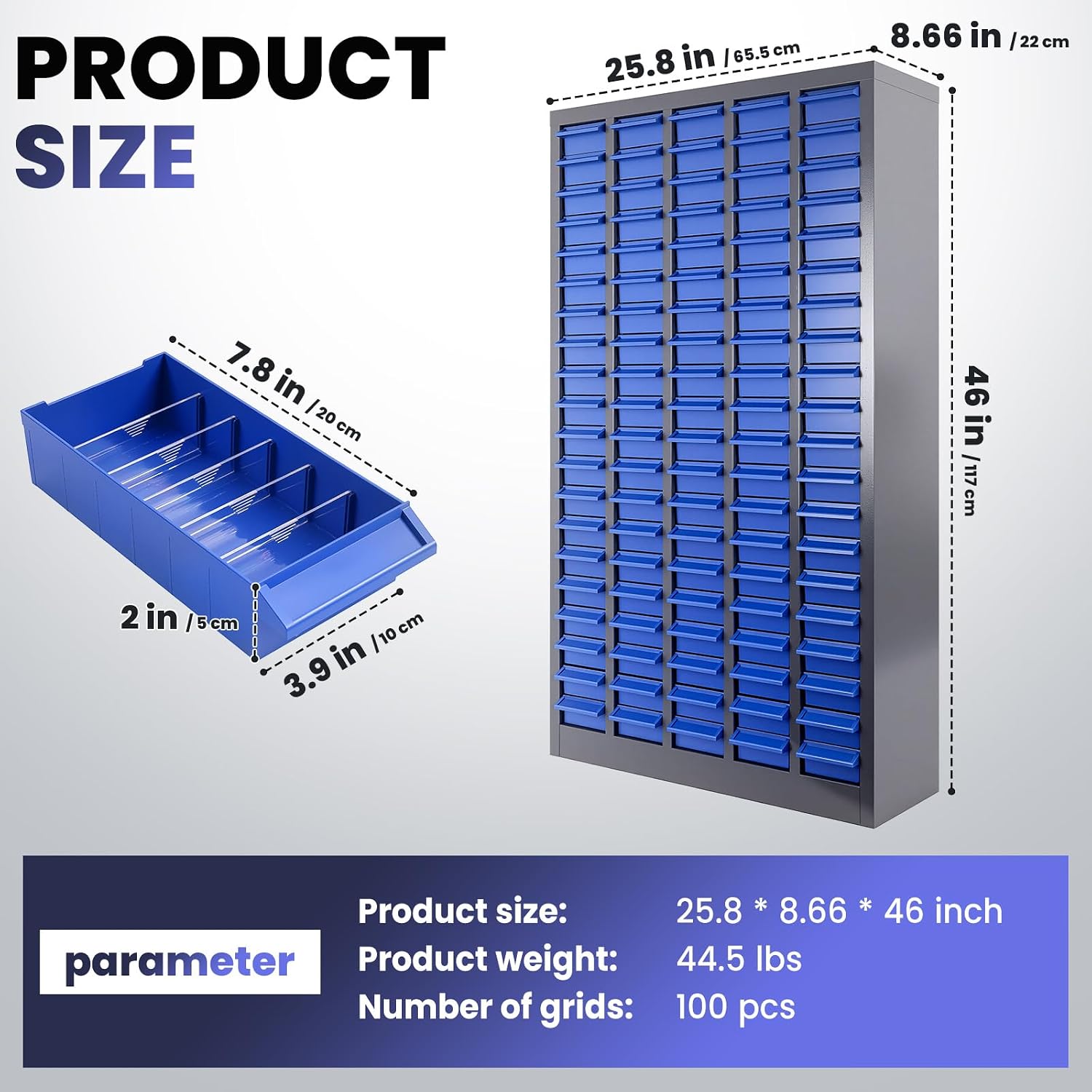 100 Drawer Parts Cabinet 26'X 9'X 46', Multi-Purpose Nut and Bolt Organizer with ABS Drawers, High Capacity Tool Storage Bolt Bin with Dividers and Labels for Workshop & Home Garage