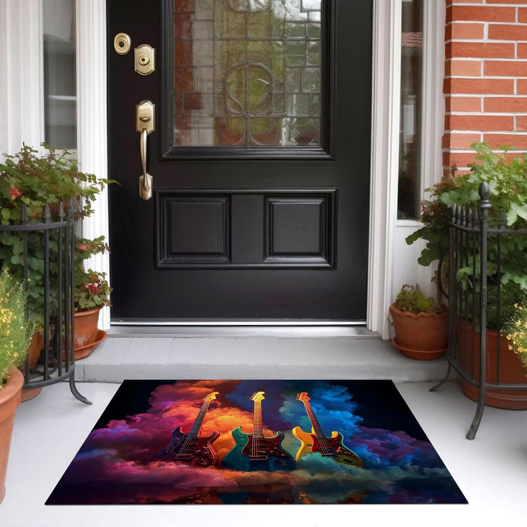 Living Room Rug 5'3' X 7'6' Dark Blue Area Rug Machine Washable Music Theme Carpet Non Slip Electric Guitar Smoke Indoor Large Rugs for Bedroom,Classroom,College Dorm,Farmhouse,Kids Playroom