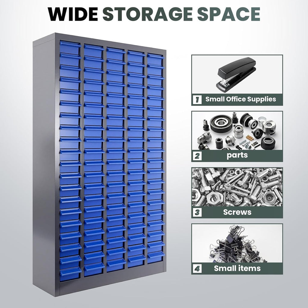 100 Drawers Parts Cabinet, (25.8'×8.66'×35.4') Nut and Bolt Organizer with Adjustable Dividers, Cold-Rolled Steel Frame & ABS Drawers, Label Slots for Workshop, Garage (100 Drawer)