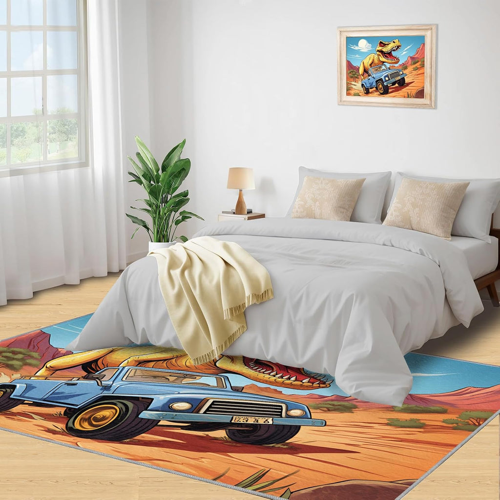 Dinosaur Rug for Kids Room - 6x8 Large Rug, Cartoon Monster Truck Rugs for Bedroom Cartoon Scene Truck Dinosaur Area Rugs for Living Room Home Decor Washable Rug